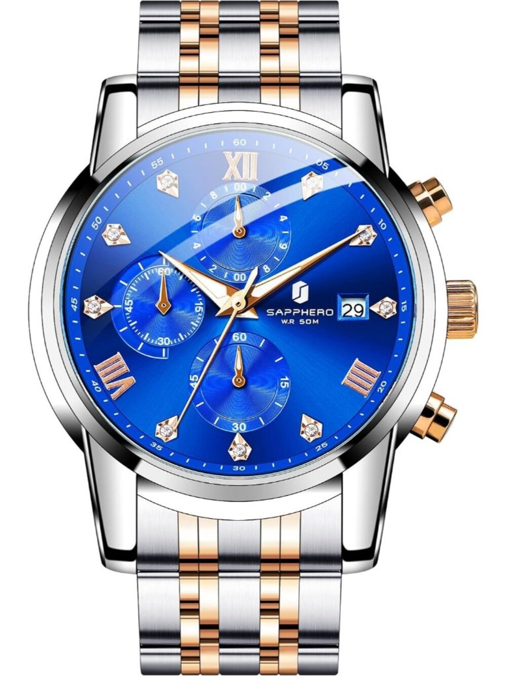 Men's Gold Blue Waterproof Quartz Analog Sport Casual Elegant Date Wrist Watch
